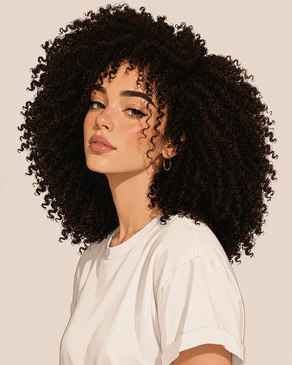 Femme aux cheveux crépus volumineux en illustration, portant un t-shirt blanc.