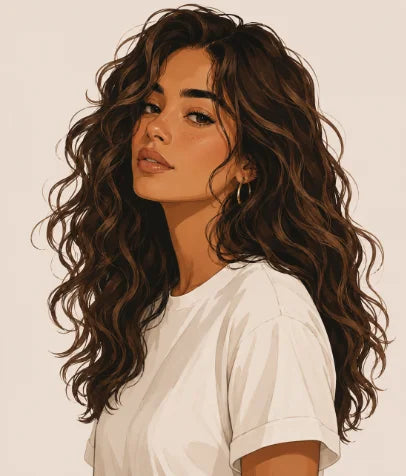 Illustration d'une femme aux longs cheveux châtains ondulés et volumineux