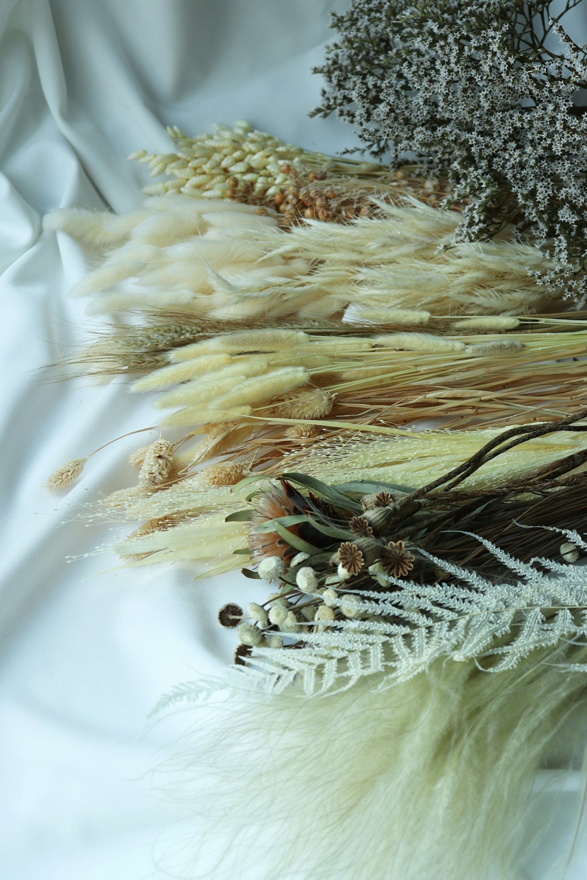 a bunch of dried plants sitting on top of a white sheet