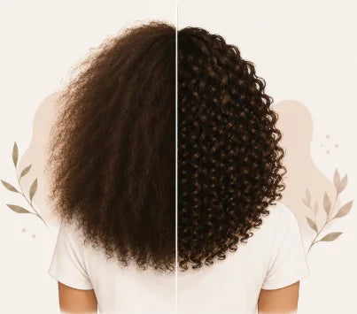  Vue arrière avant après montrant des cheveux bouclés plus définis et disciplinés. 