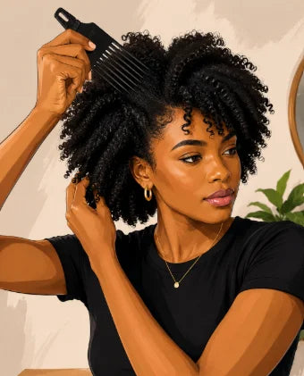  Femme soulevant délicatement ses racines bouclées avec un peigne afro volumisant 