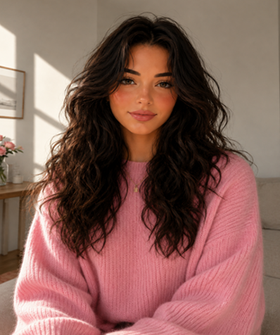 Portrait d'une femme aux longs cheveux bruns ondulés portant un pull rose. 